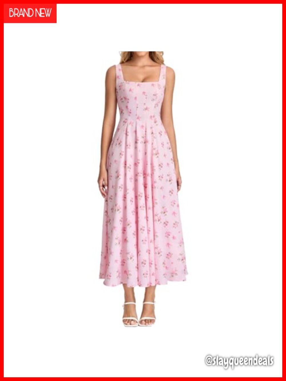 Women Floral Corset Midi Dress Square Neck Lace Up Back Wedding Guest